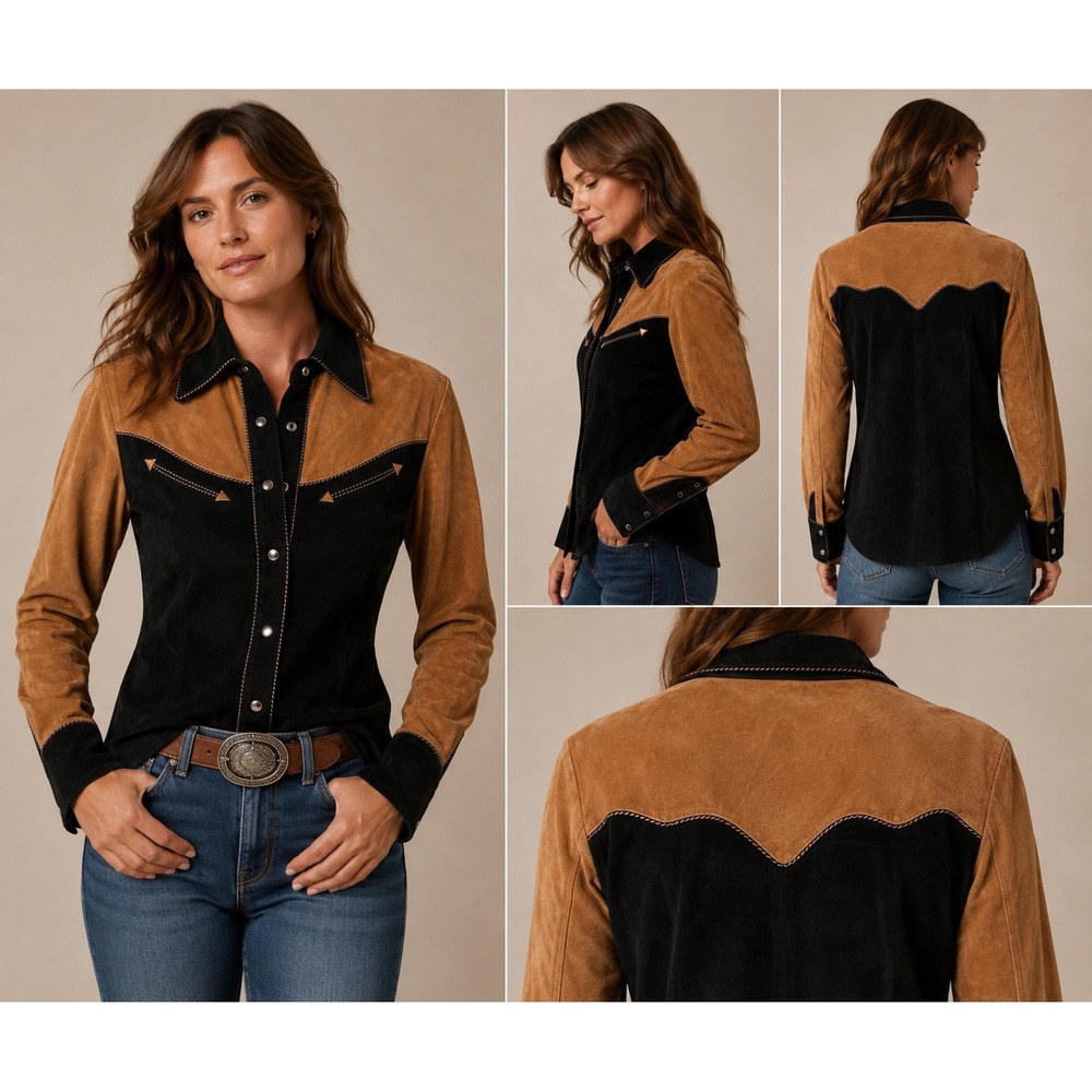 Vintage Scully Women's Genuine Suede Western Shirt Black Tan Rodeo Pearl Snap L
